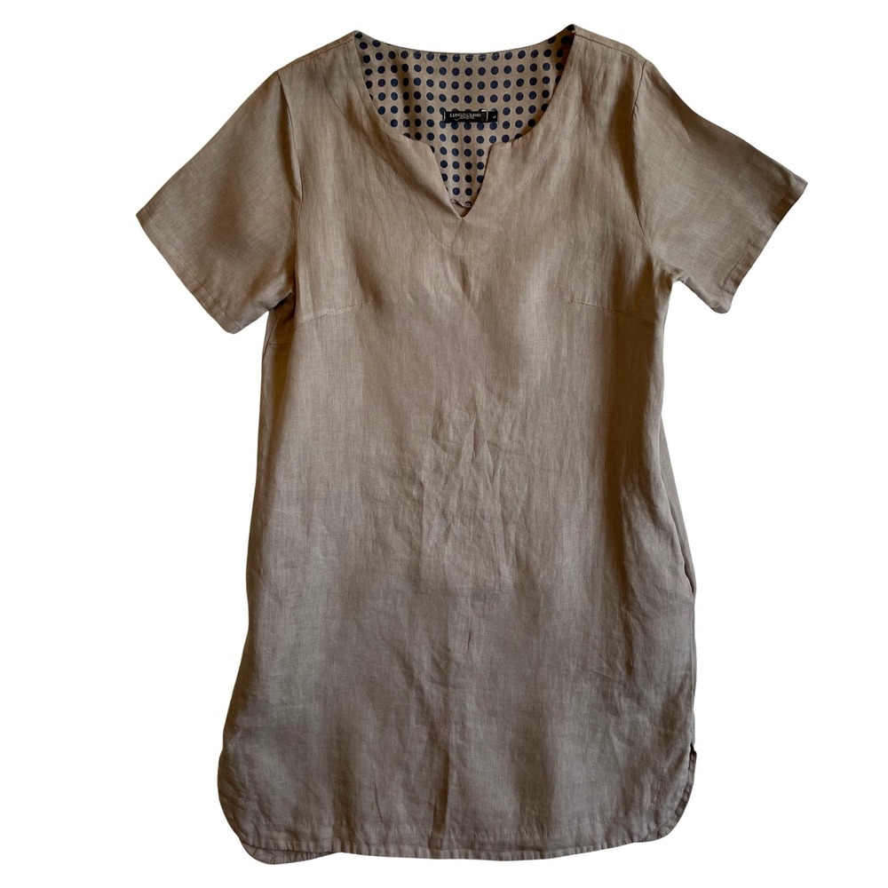 Lungo‎ L'arno 100% Linen Women's Sort Sleeve V Neck Taupe Pocket Dress , Large